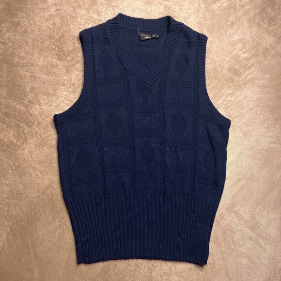 Vintage 70s Jockey Thorobred Sleeveless Sweater Vest Navy Knit Argyle Geometric - Picture 1 of 6